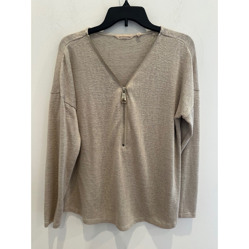 Soft Surroundings Womens XL Beige Marl Half Zip Long Sleeve Knit Top
